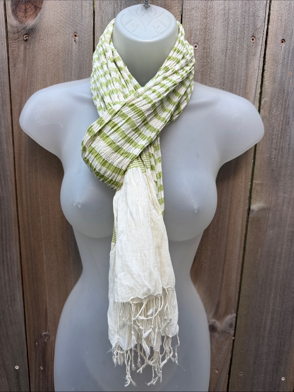 Sēvya Handmade Olive Green & White Crinkle Stripe Cotton Scarf Wrap with Fringe